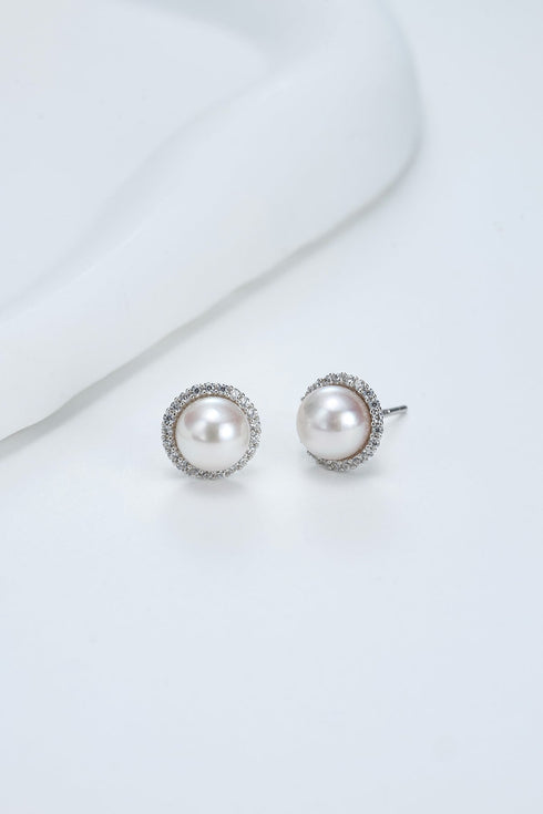 7-8mm White Akoya Pearl Roud Zirconia Stud Earrings